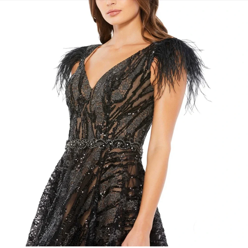 Max Duggal EMBELLISHED FEATHER CAP SLEEVE DRESS NWT 79339 - Picture 3 of 13